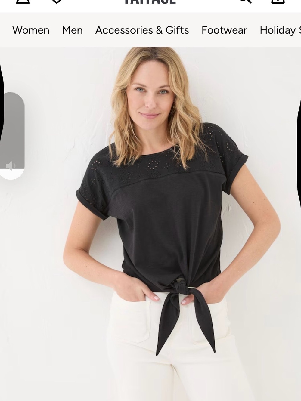 Black Eyelet Yoke Tie-Front Crop Top - Women's